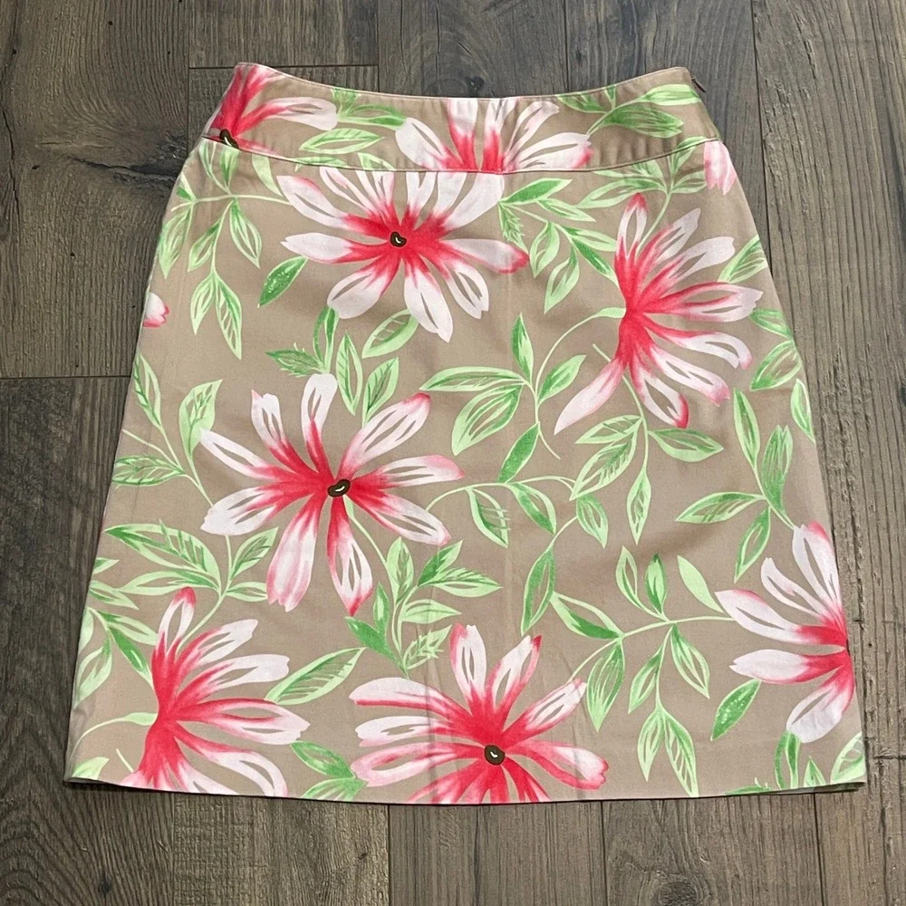 Talbots Petites Floral A-Line Skirt Tan Pink Green Cotton Stretch Size 4P USA